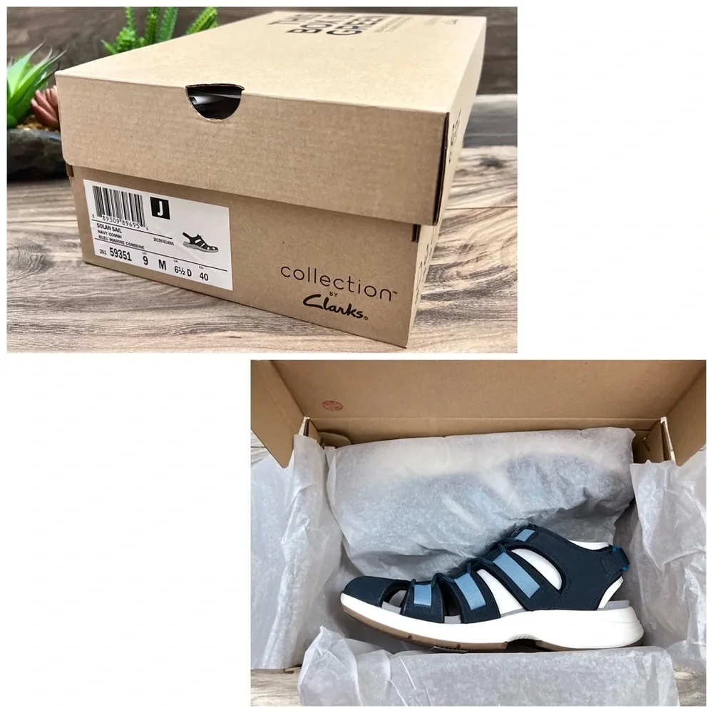 NIB Clarks Solan Sail Fisherman Sandal Navy Combi Suede